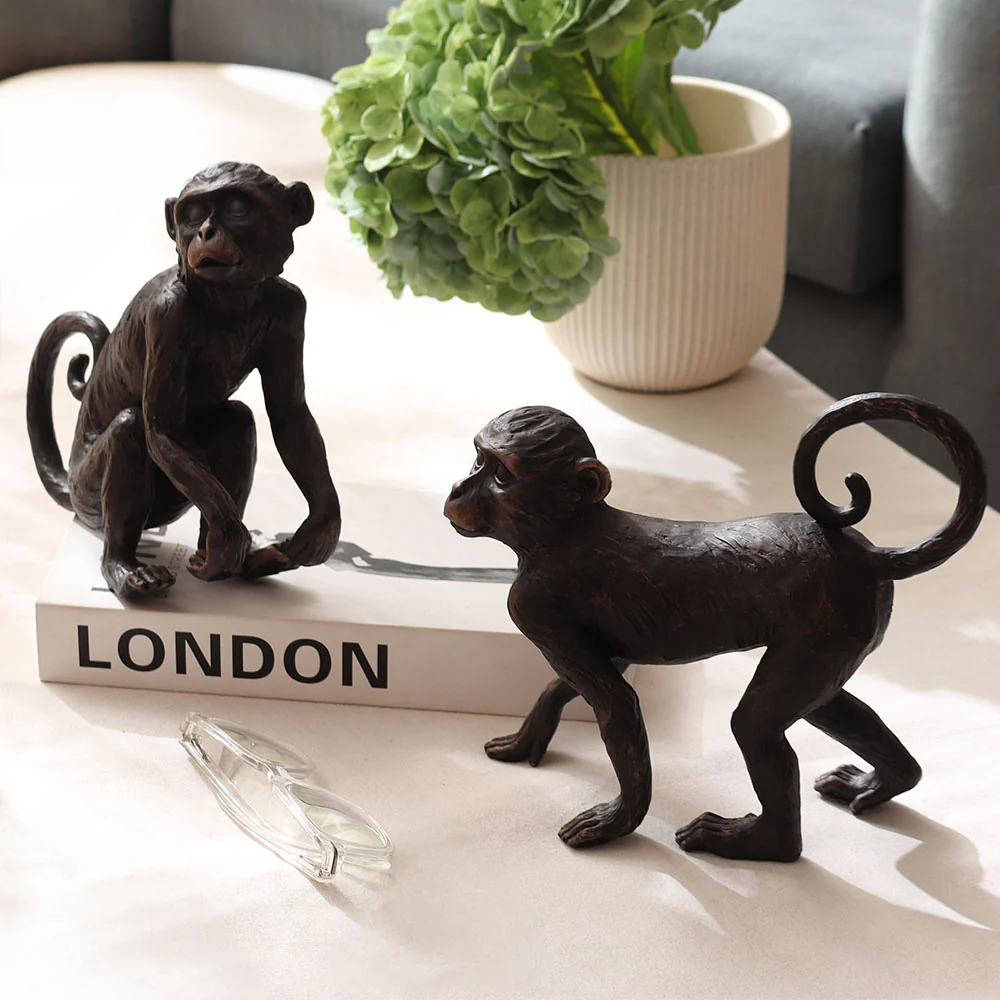 Sitting Monkey Sculpture Medium - Black Brown - Image 5