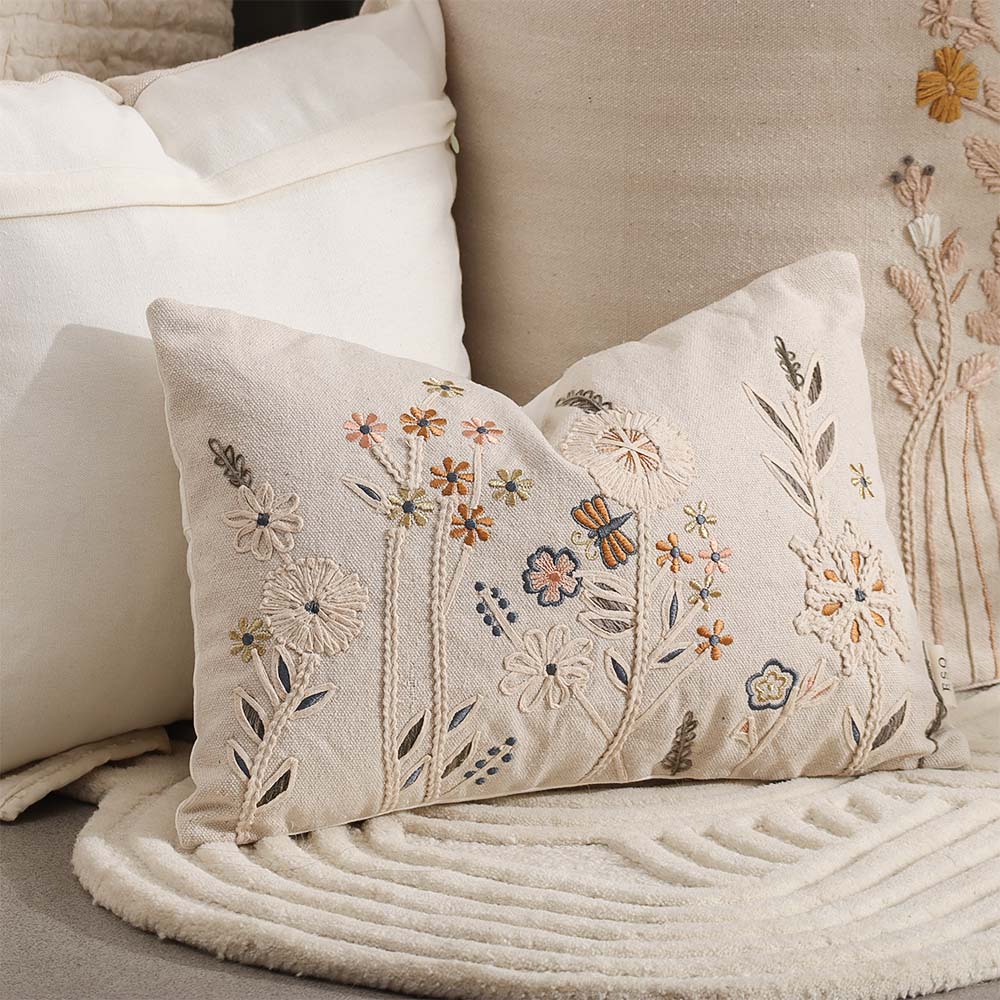 Spring Meadow Embroidered Cushion Cover 30x45cm - Gold Beige - Image 2