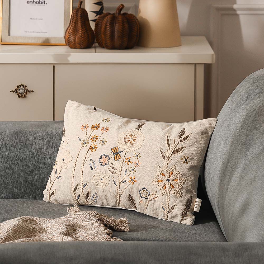 Spring Meadow Embroidered Cushion Cover 30x45cm - Gold Beige - Image 5