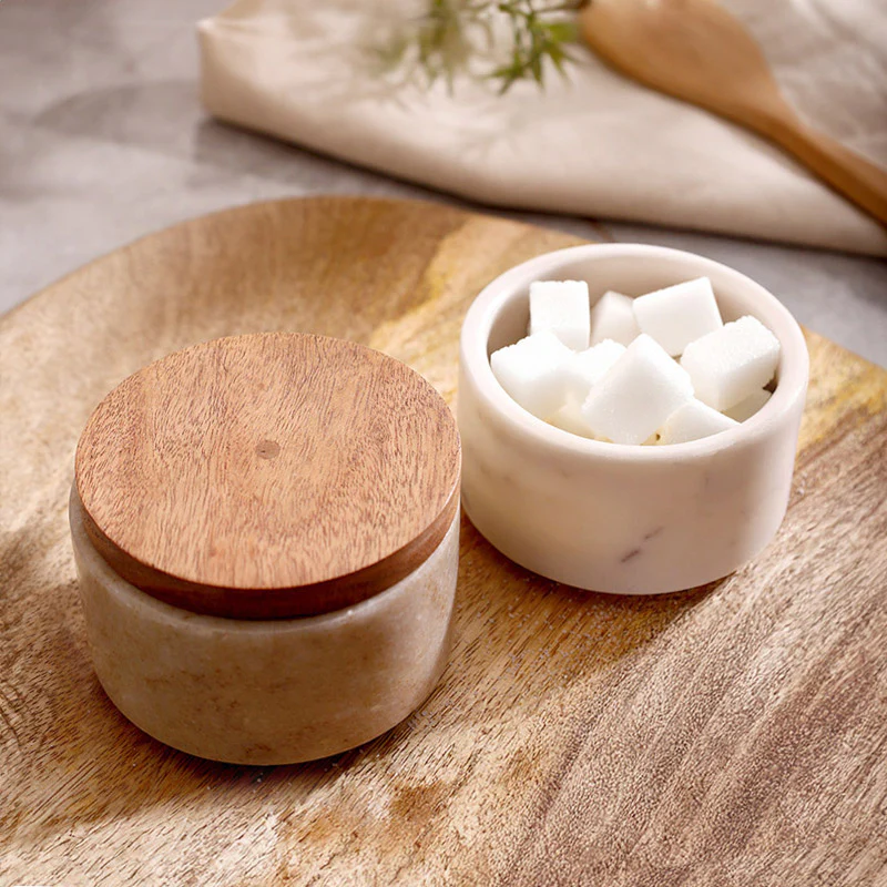 Stacked Marble Condiment Jars - White & Beige - Image 2