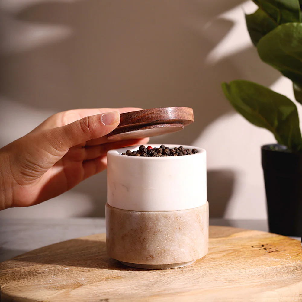 Stacked Marble Condiment Jars - White & Beige - Image 3