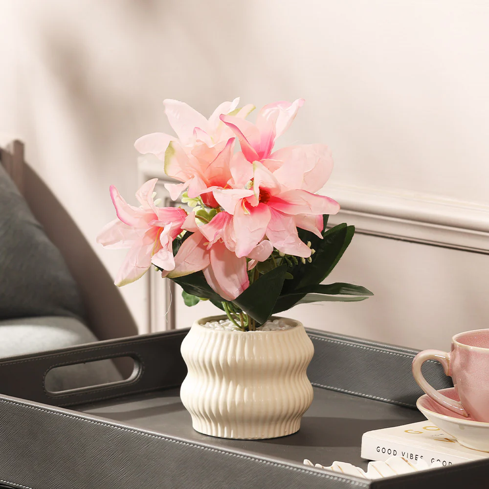 Stargazer Lilies Artificial Potted Plant - Pink Cream - Image 2