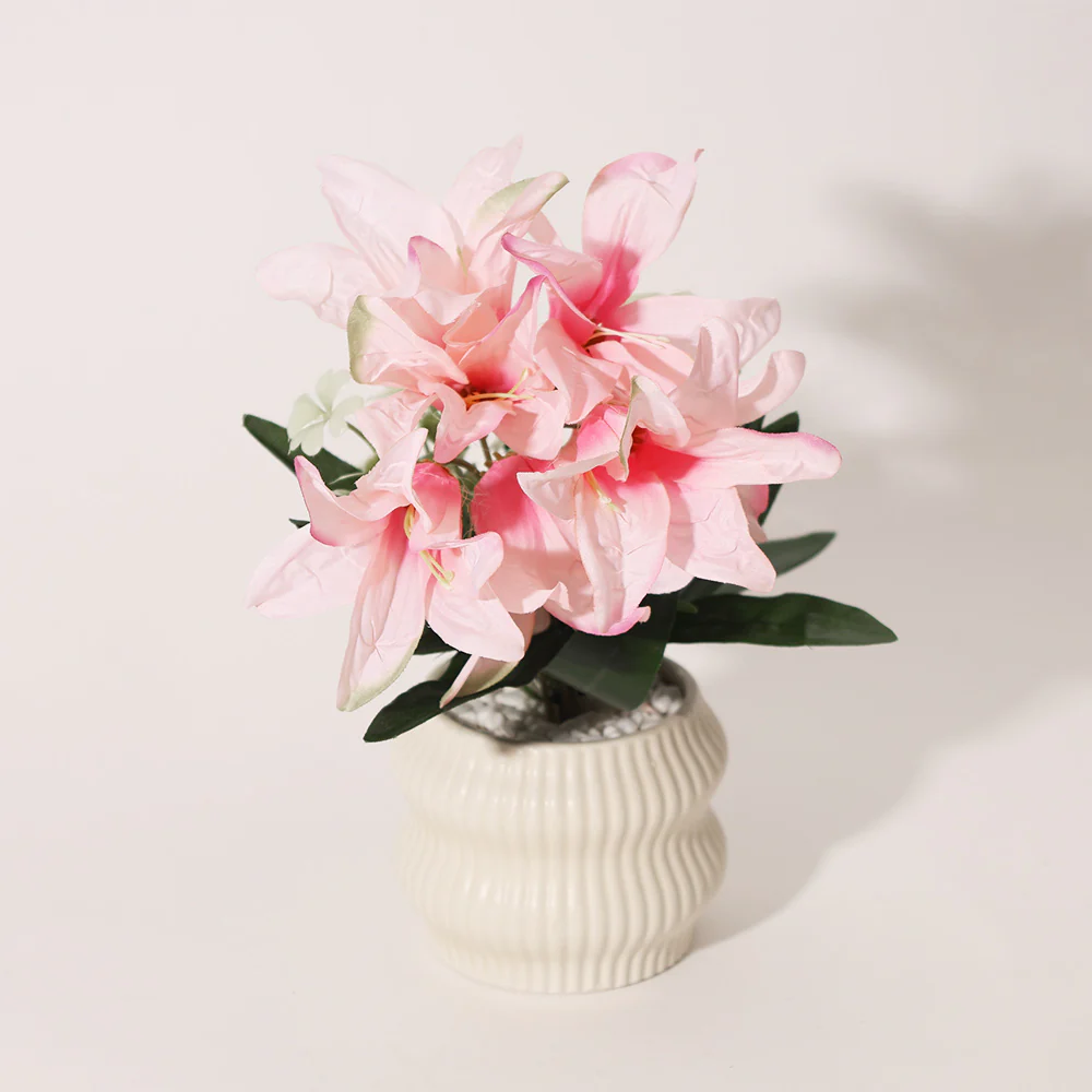Stargazer Lilies Artificial Potted Plant - Pink Cream - Image 3