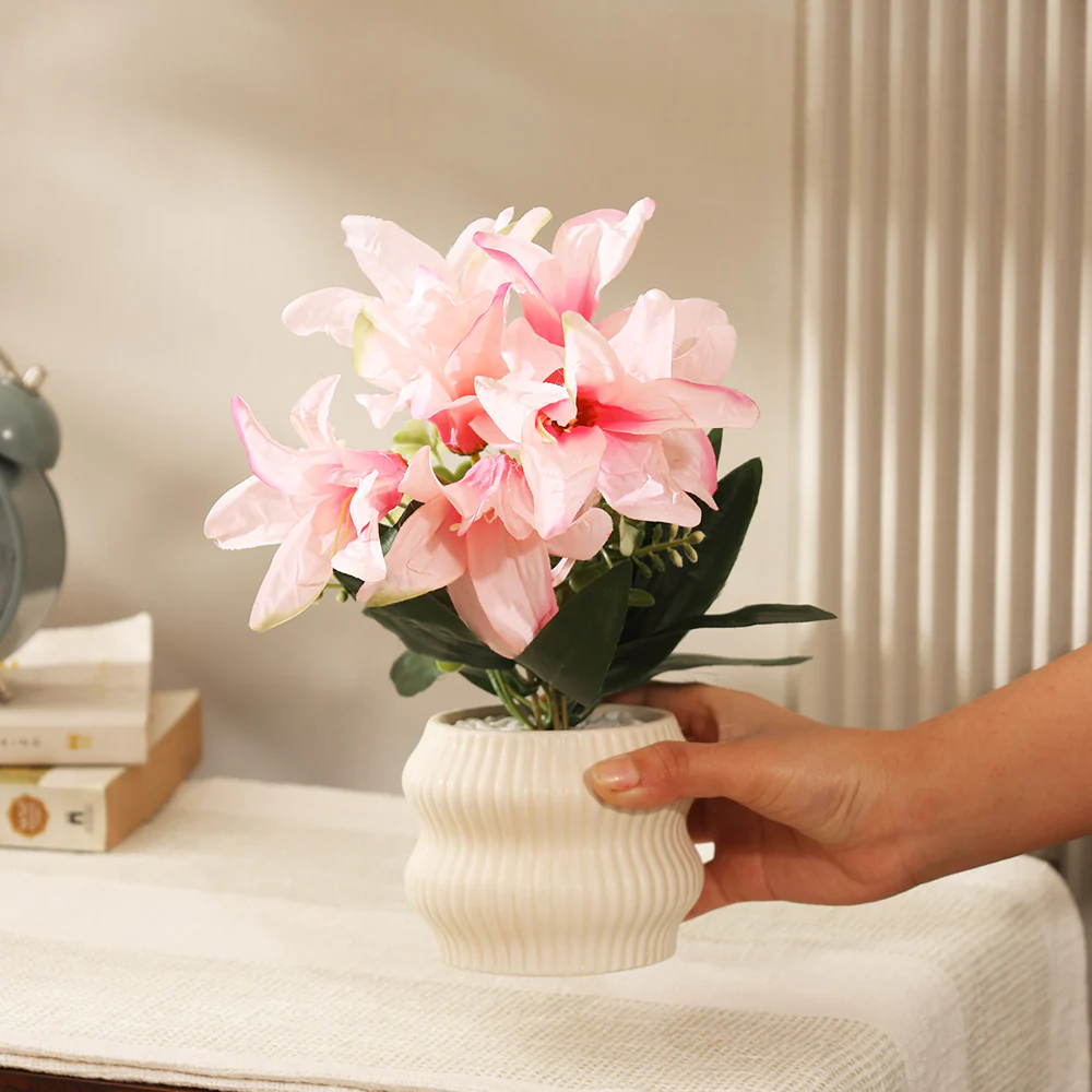 Stargazer Lilies Artificial Potted Plant - Pink Cream - Image 4