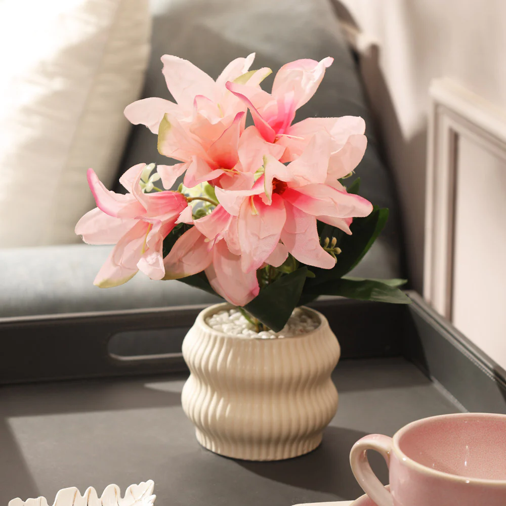 Stargazer Lilies Artificial Potted Plant - Pink Cream - Image 5