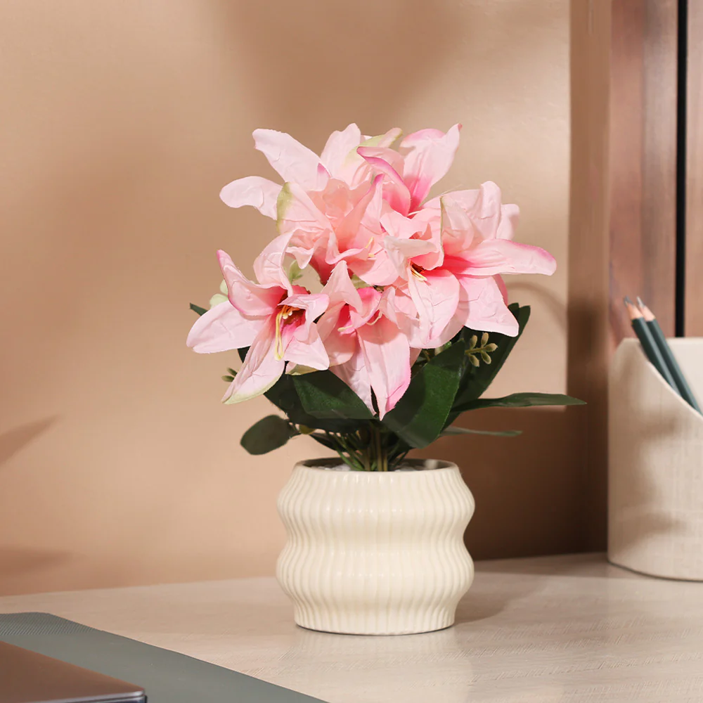 Stargazer Lilies Artificial Potted Plant - Pink Cream - Image 6