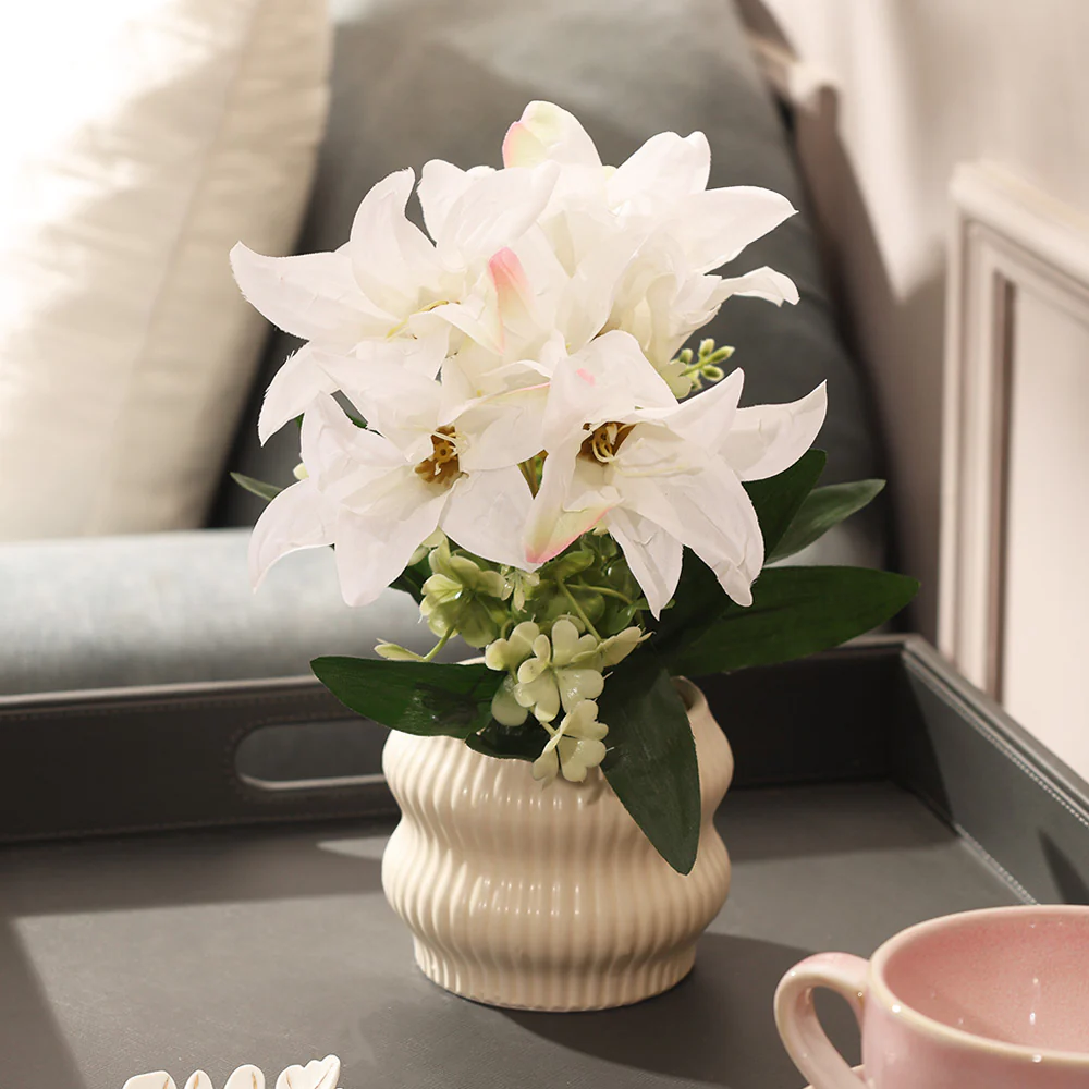 Stargazer Lilies Artificial Potted Plant - White Cream - Image 2
