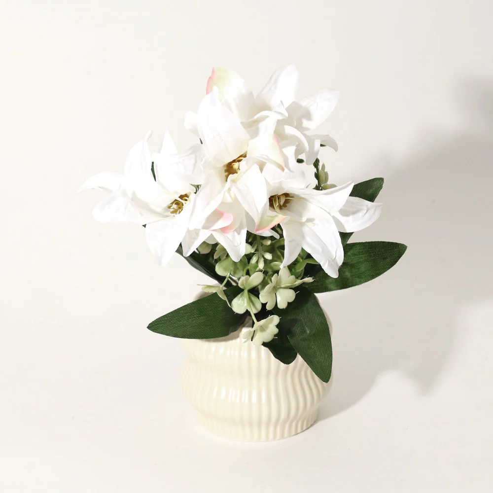 Stargazer Lilies Artificial Potted Plant - White Cream - Image 3