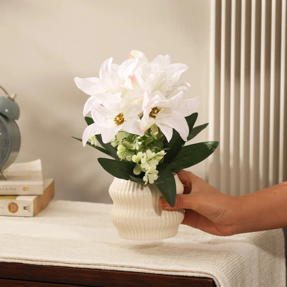 Stargazer Lilies Artificial Potted Plant - White Cream - Image 4