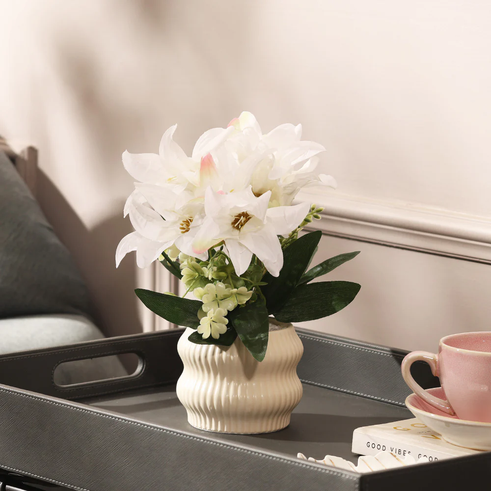 Stargazer Lilies Artificial Potted Plant - White Cream - Image 5