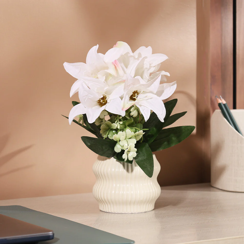 Stargazer Lilies Artificial Potted Plant - White Cream - Image 6