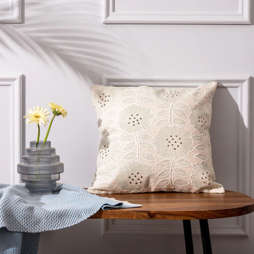 Sunflower Embroidered Cushion Cover 45x45cm - Sage Cream - Image 2