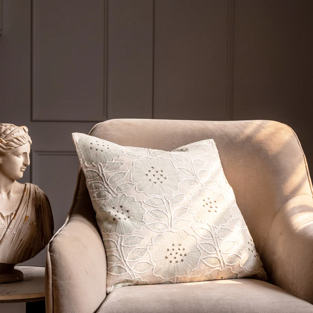 Sunflower Embroidered Cushion Cover 45x45cm - Sage Cream - Image 4