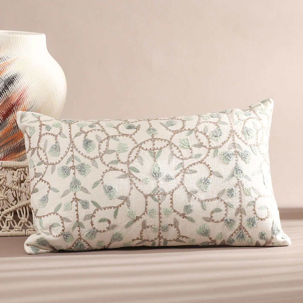 Sweetpea Rectangular Embroidered Cotton Cushion Cover 50x30cm - Blue White - Image 5