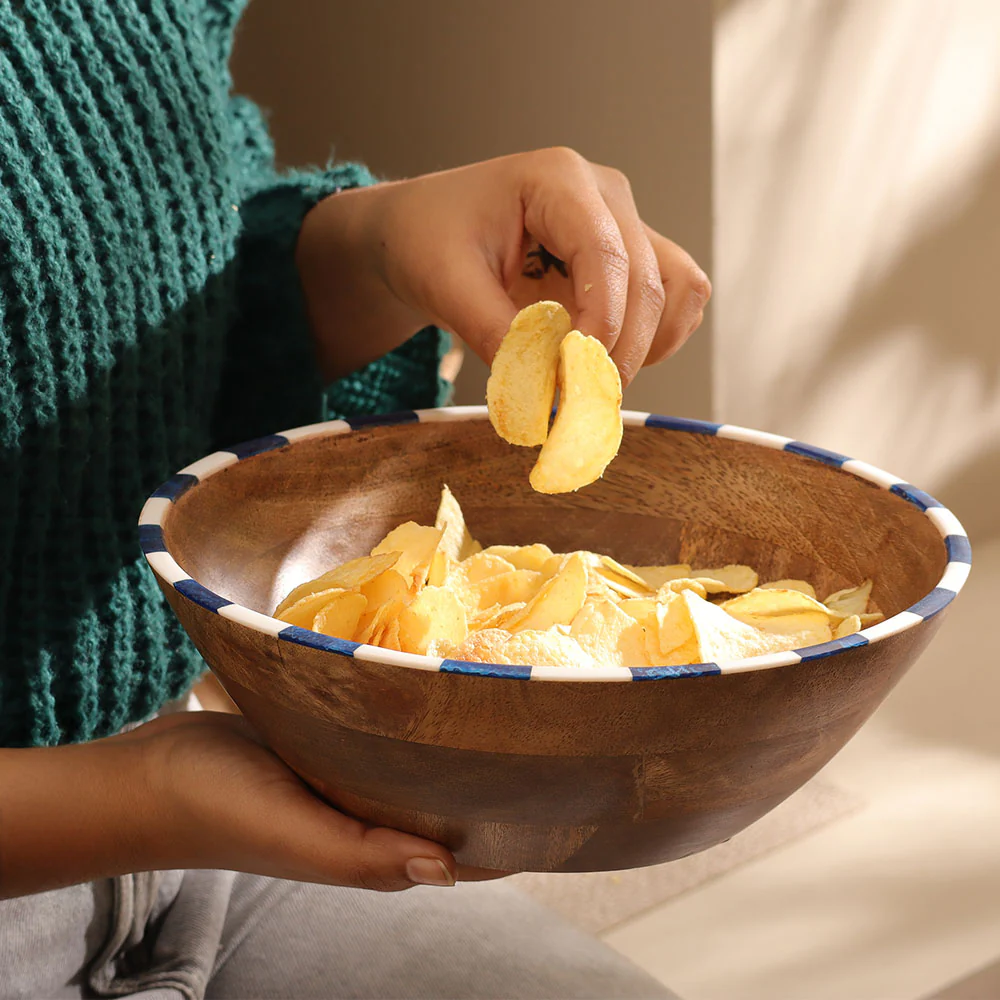 Tala Mango Wood Striped Bowl Large - Blue White