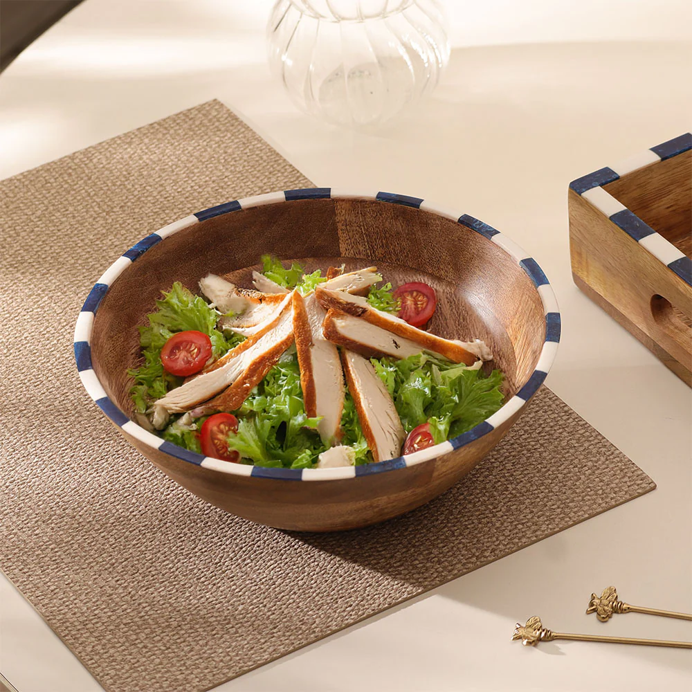 Tala Mango Wood Striped Bowl Large - Blue White - Image 3