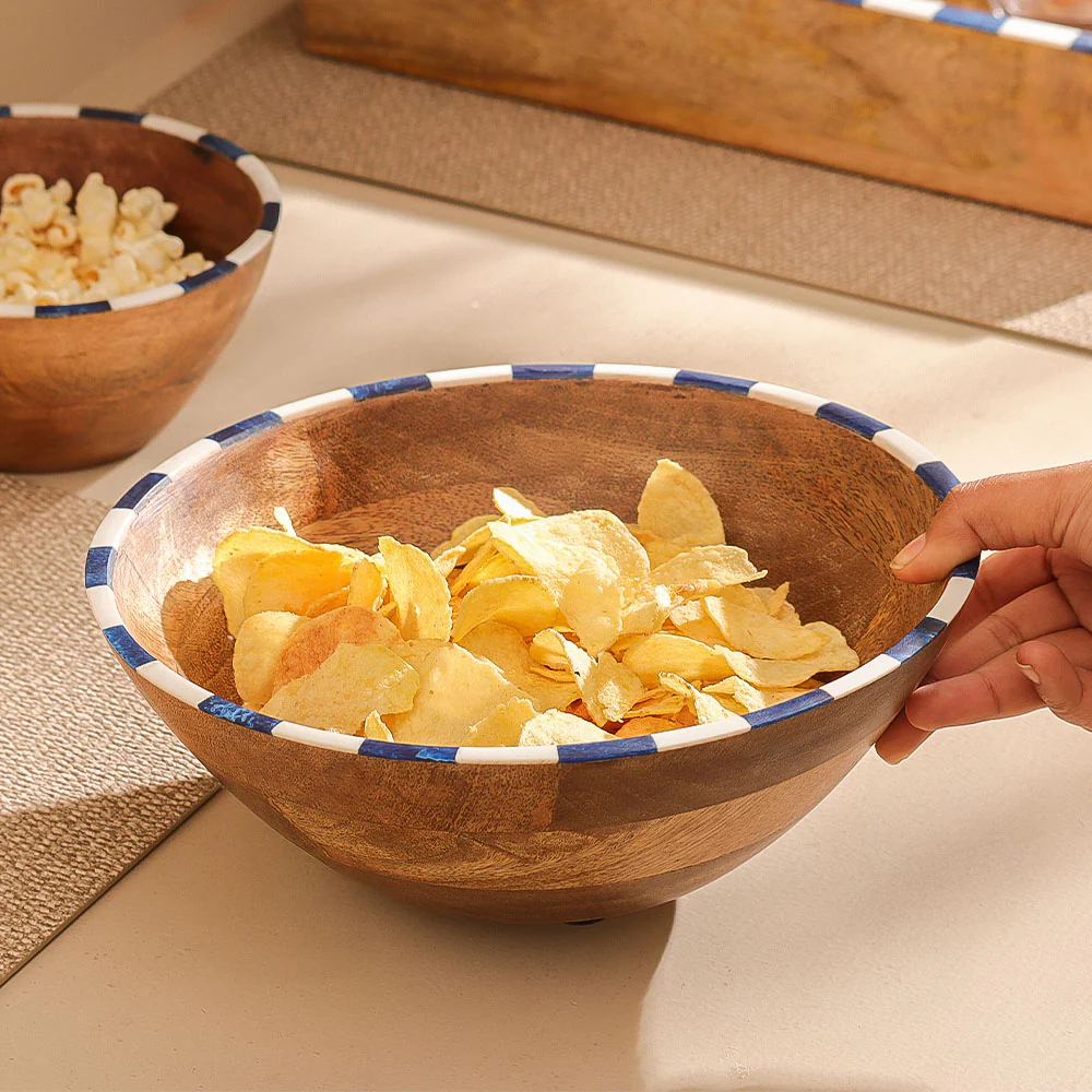 Tala Mango Wood Striped Bowl Large - Blue White - Image 4