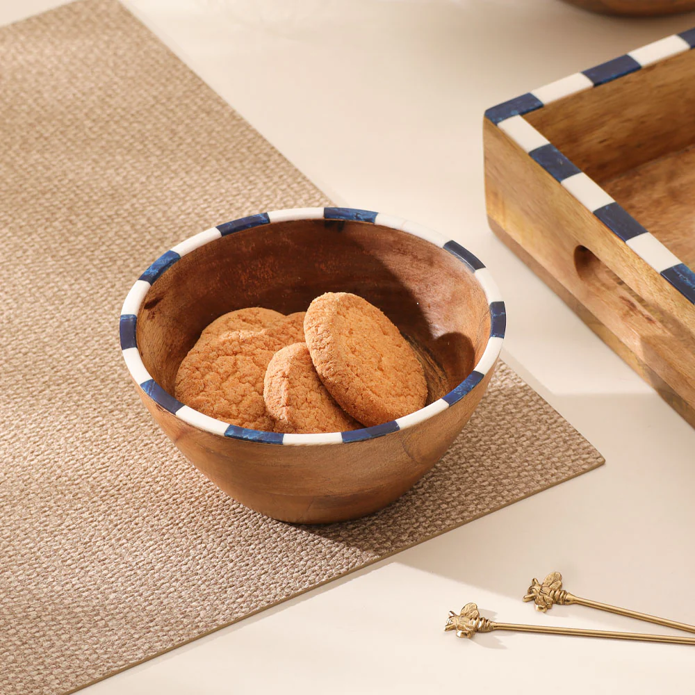 Tala Mango Wood Striped Bowl Medium - Blue White - Image 2
