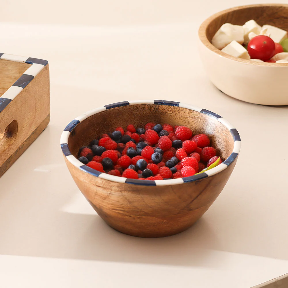 Tala Mango Wood Striped Bowl Medium - Blue White - Image 3