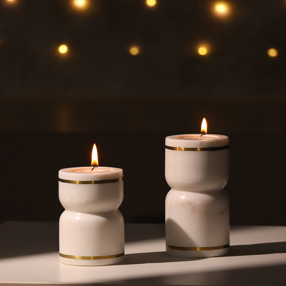 Tarsie Marble Tealight Holders, Set of 2 - White Gold - Image 2