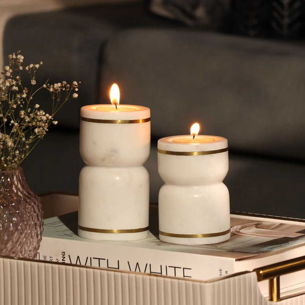 Tarsie Marble Tealight Holders, Set of 2 - White Gold - Image 3