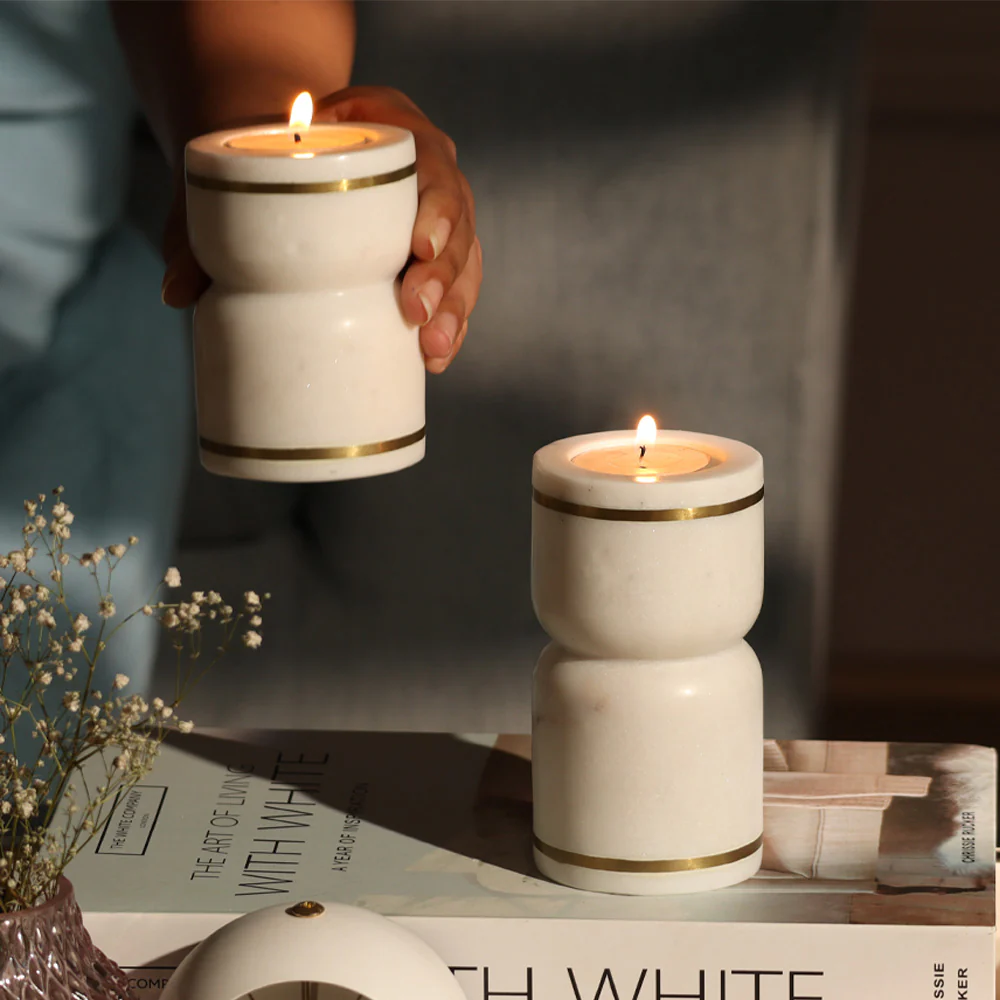 Tarsie Marble Tealight Holders, Set of 2 - White Gold - Image 5