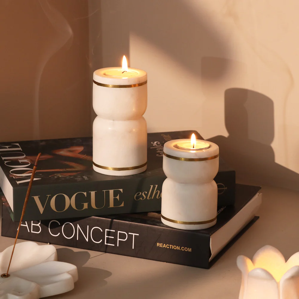 Tarsie Marble Tealight Holders, Set of 2 - White Gold - Image 6