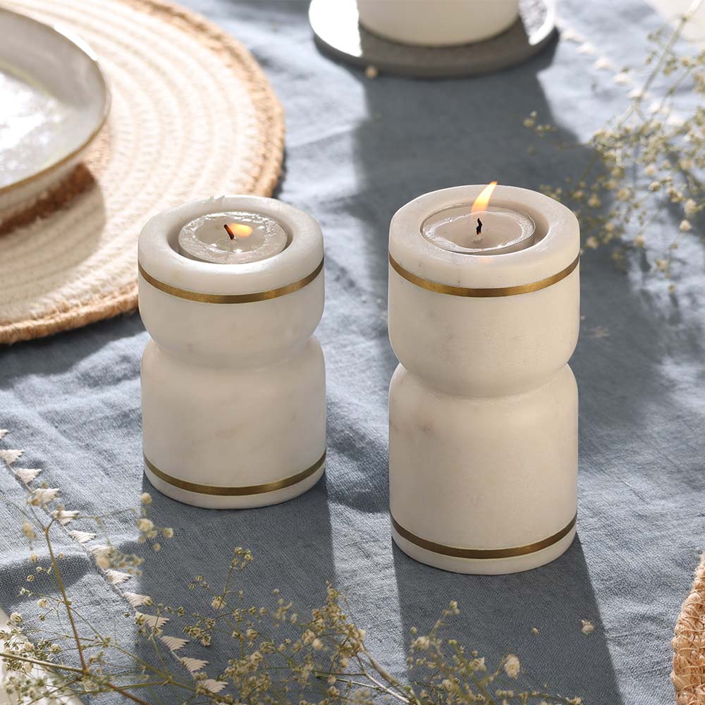 Tarsie Marble Tealight Holders, Set of 2 - White Gold - Image 7