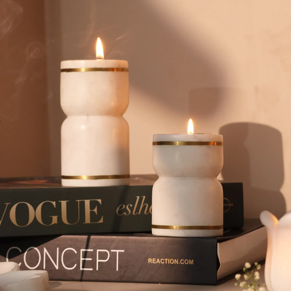 Tarsie Marble Tealight Holders, Set of 2 - White Gold - Image 8