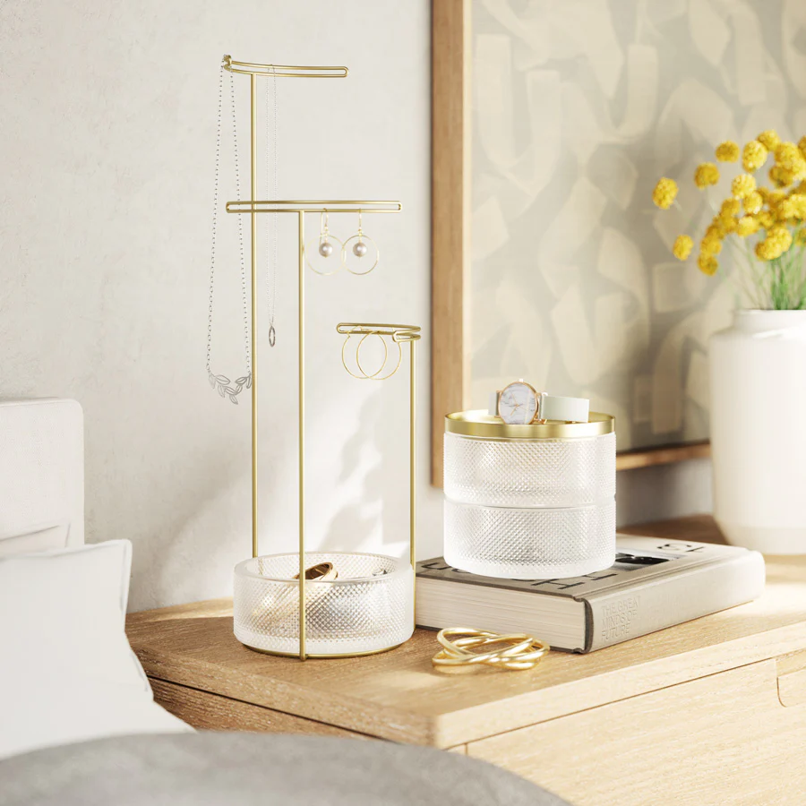 Tesora Jewellery Stand with Glass Bowl - Brass - Image 3
