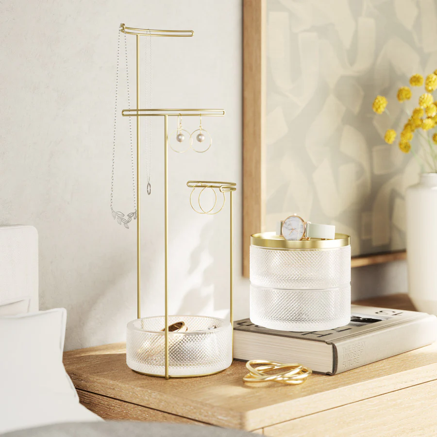 Tesora Jewellery Stand with Glass Bowl - Brass - Image 7