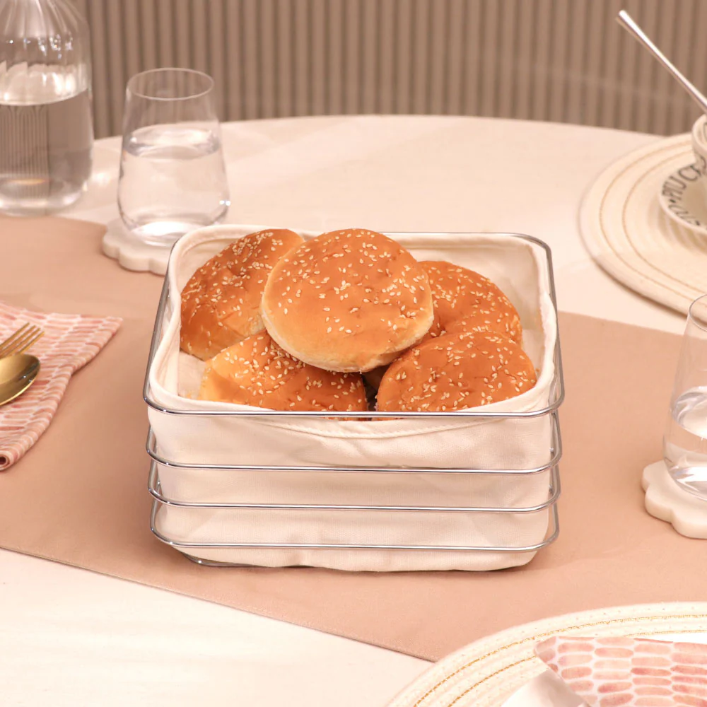Trace Square Bread Basket with Lining Medium - Silver - Image 5