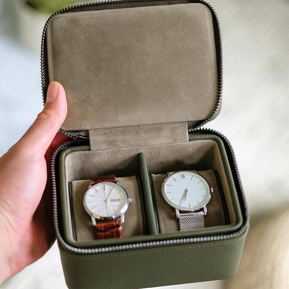 Zipped Watch Case Double - Olive Green