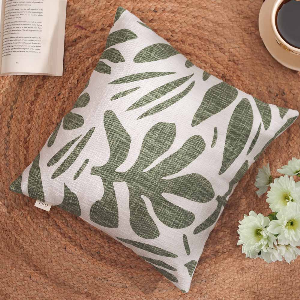 Tropical Printed Cotton Cushion Cover 45x45cm - Green White - Image 2