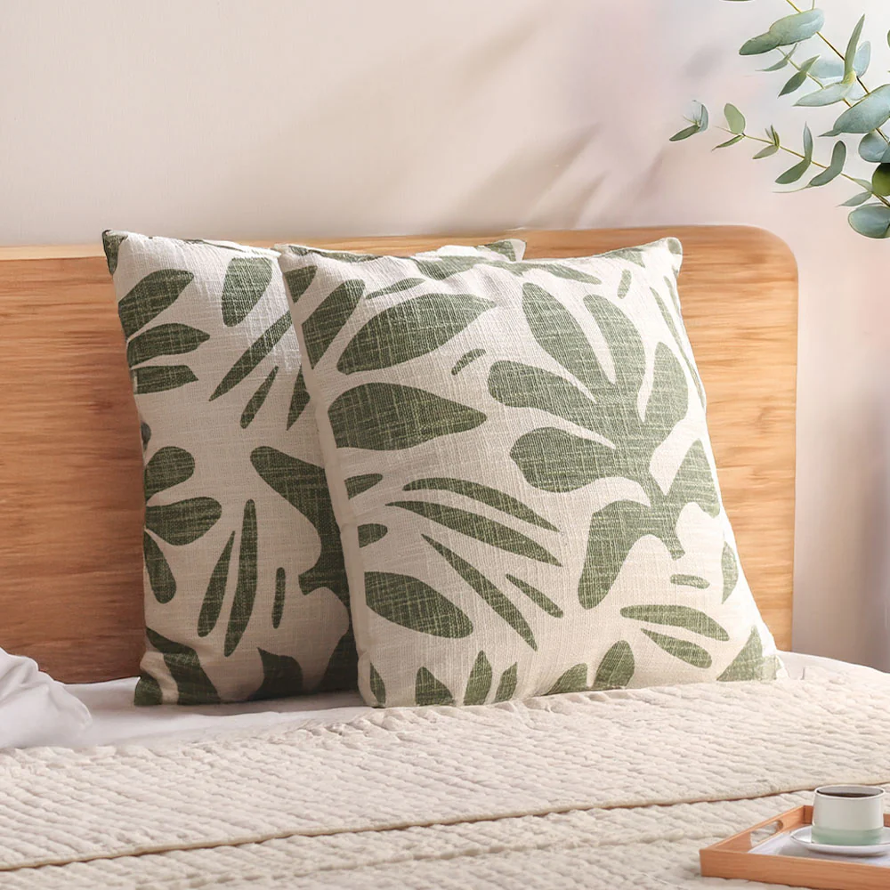 Tropical Printed Cotton Cushion Cover 45x45cm - Green White - Image 4