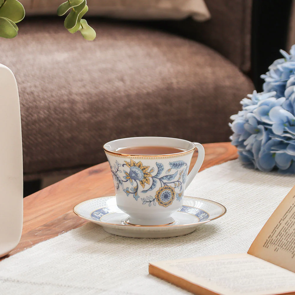 Tusker Porcelain Cup & Saucer, Set of 6 - Blue - Image 2