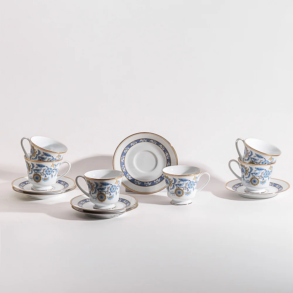 Tusker Porcelain Cup & Saucer, Set of 6 - Blue - Image 3