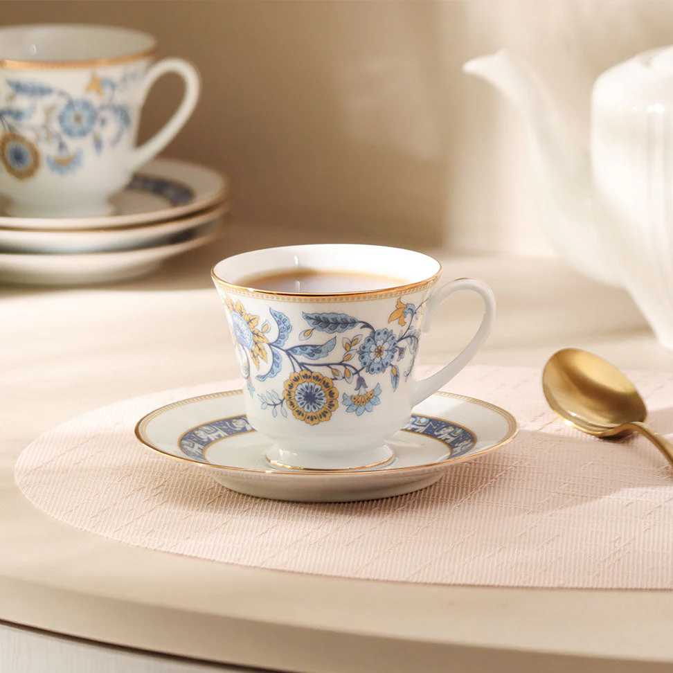 Tusker Porcelain Cup & Saucer, Set of 6 - Blue - Image 6