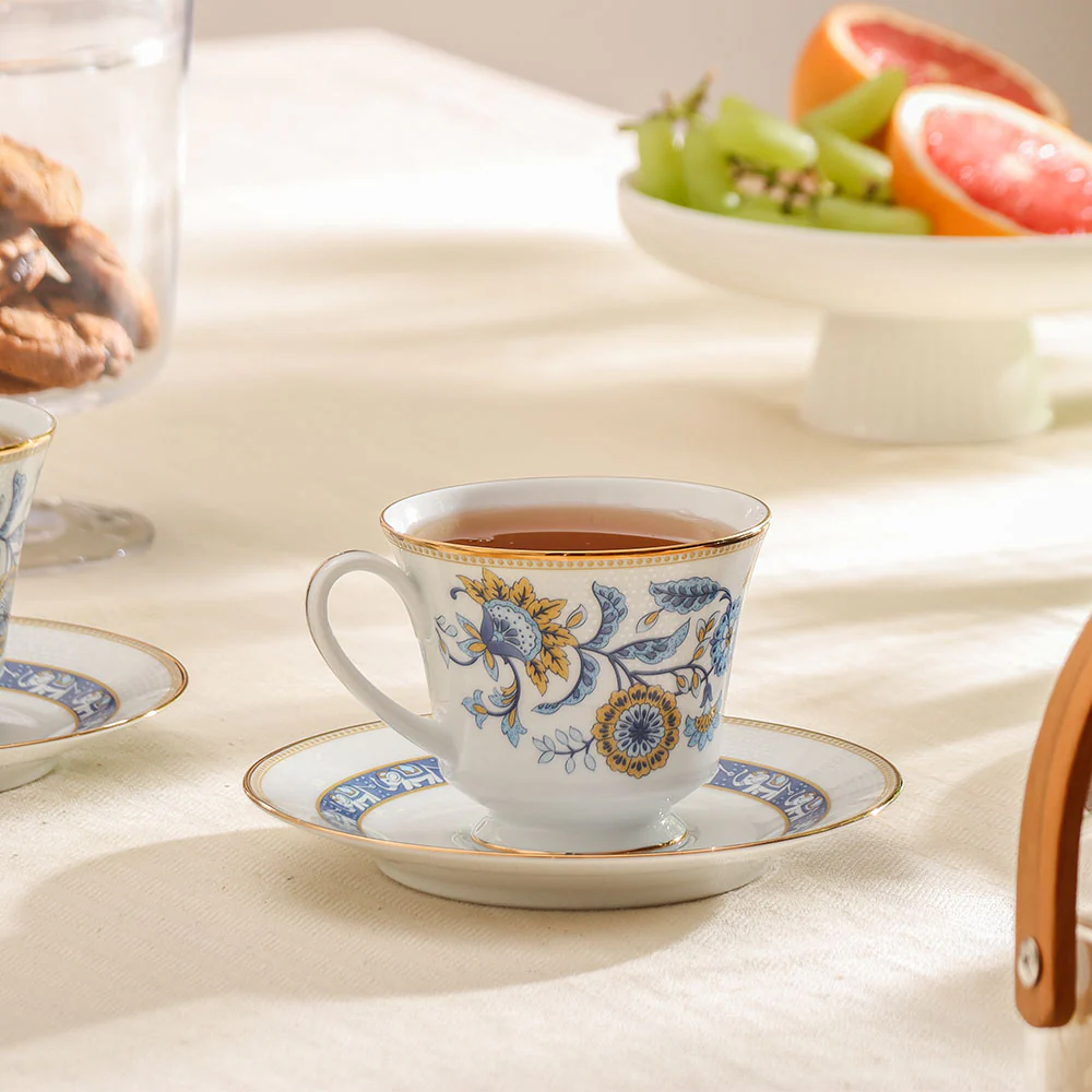 Tusker Porcelain Cup & Saucer, Set of 6 - Blue - Image 7