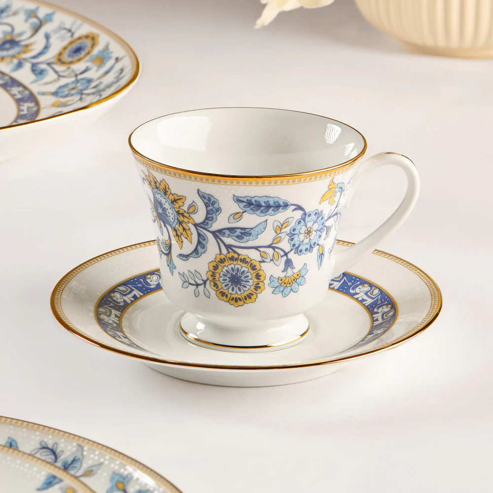 Tusker Porcelain Cup & Saucer, Set of 6 - Blue - Image 8