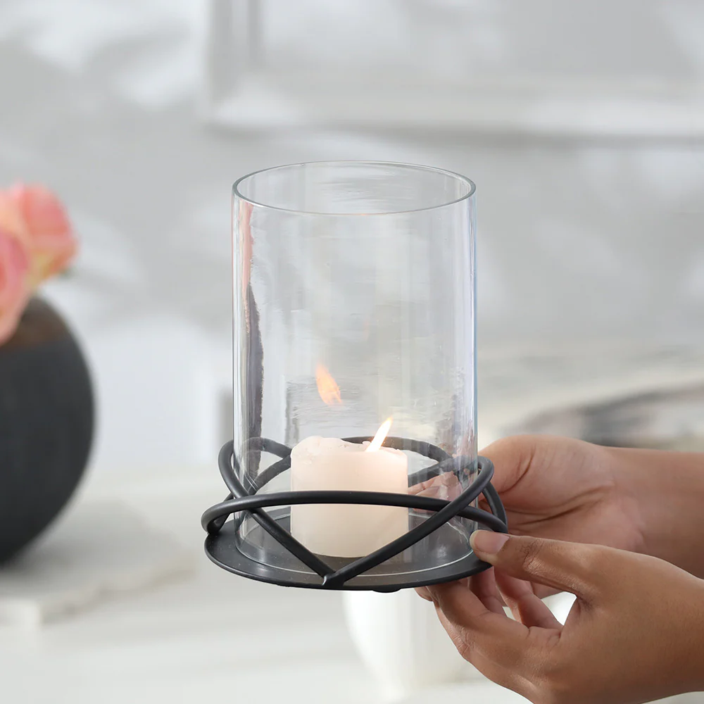 Valar Glass Hurricane with Metal Stand - Black