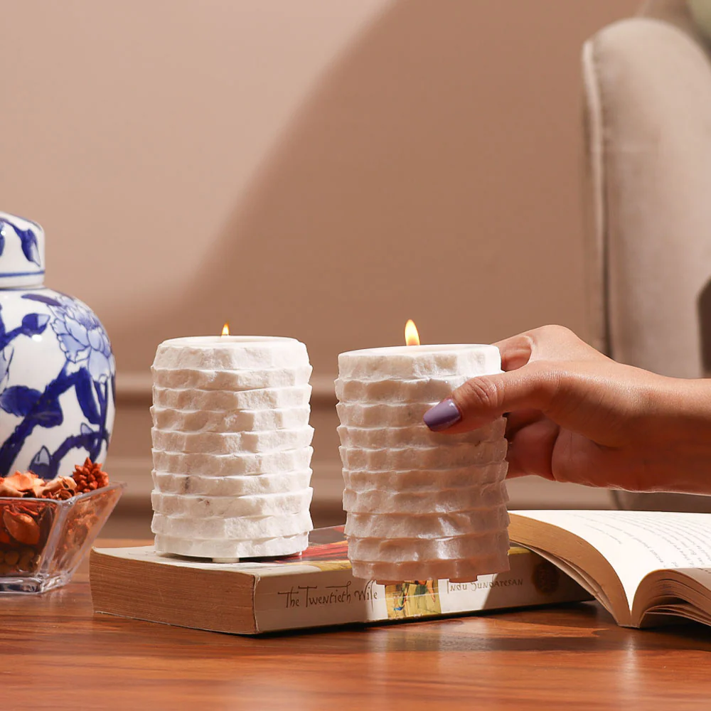 Verona Marble Tealight Stands, Set of 2 - White - Image 2