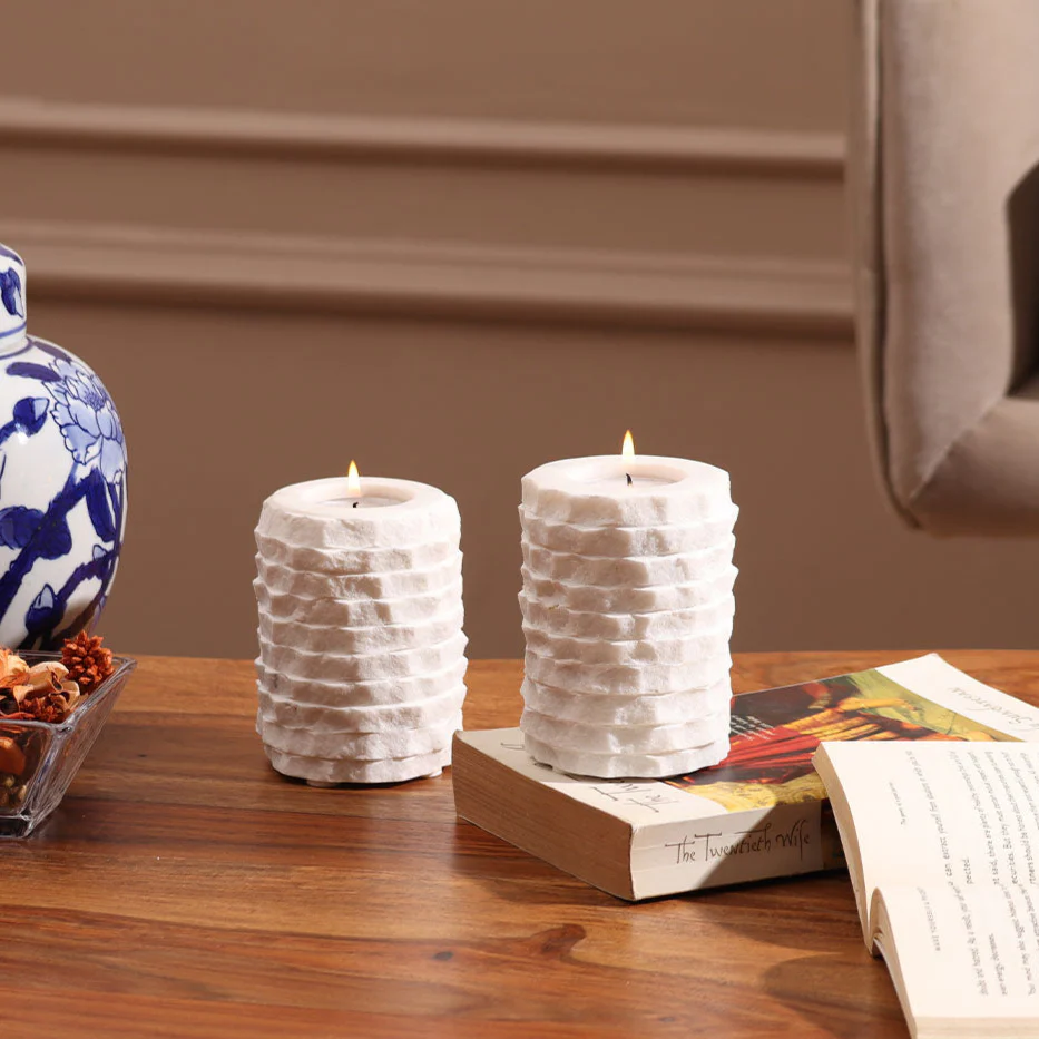 Verona Marble Tealight Stands, Set of 2 - White - Image 4