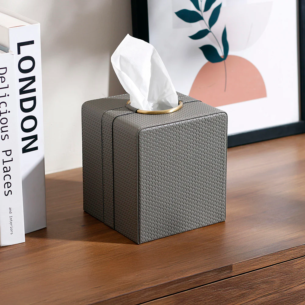 Weave Square Tissue Box Holder - Dark Grey & Gold