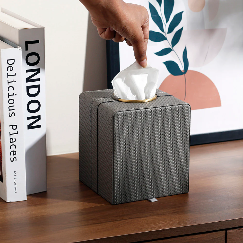 Weave Square Tissue Box Holder - Dark Grey & Gold - Image 2