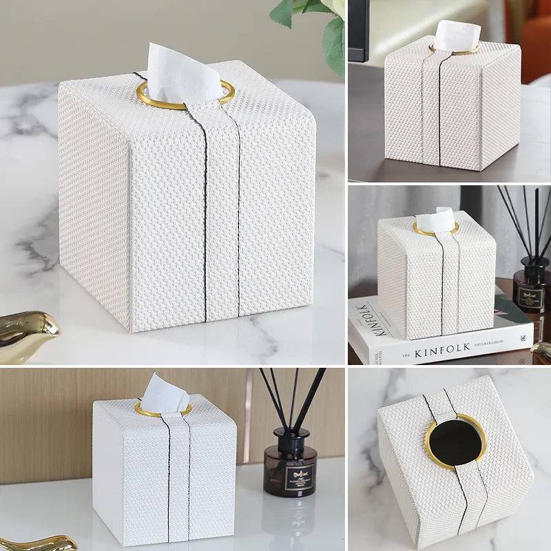 Weave Square Tissue Box Holder - White & Gold - Image 10