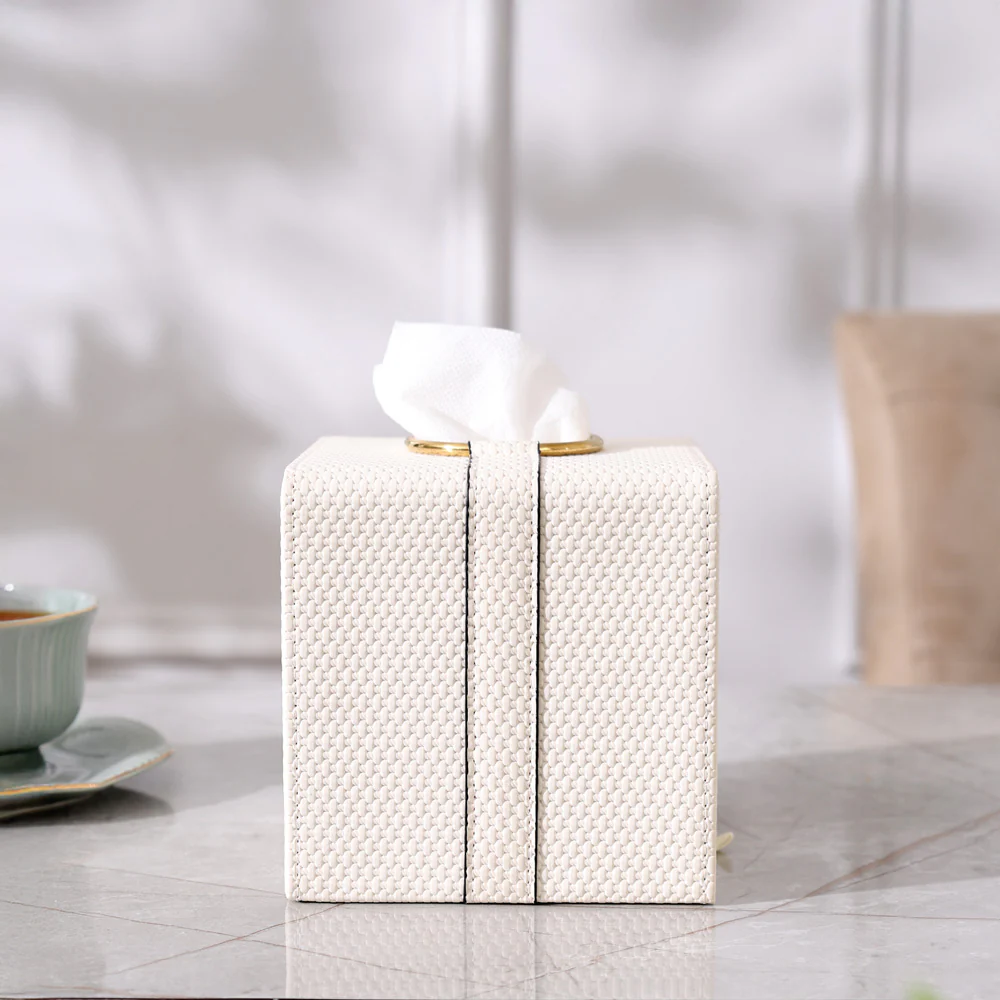 Weave Square Tissue Box Holder - White & Gold - Image 12