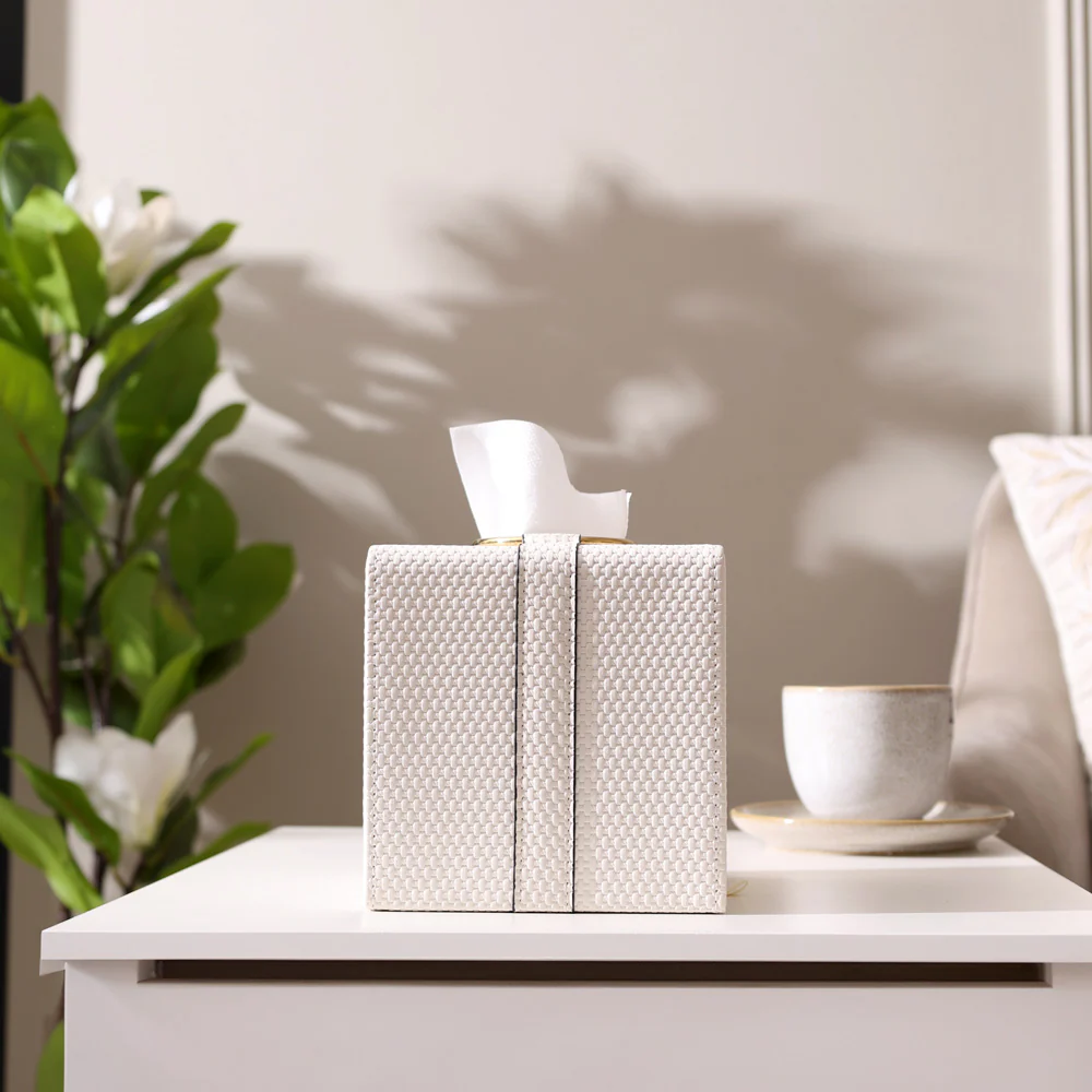 Weave Square Tissue Box Holder - White & Gold - Image 13