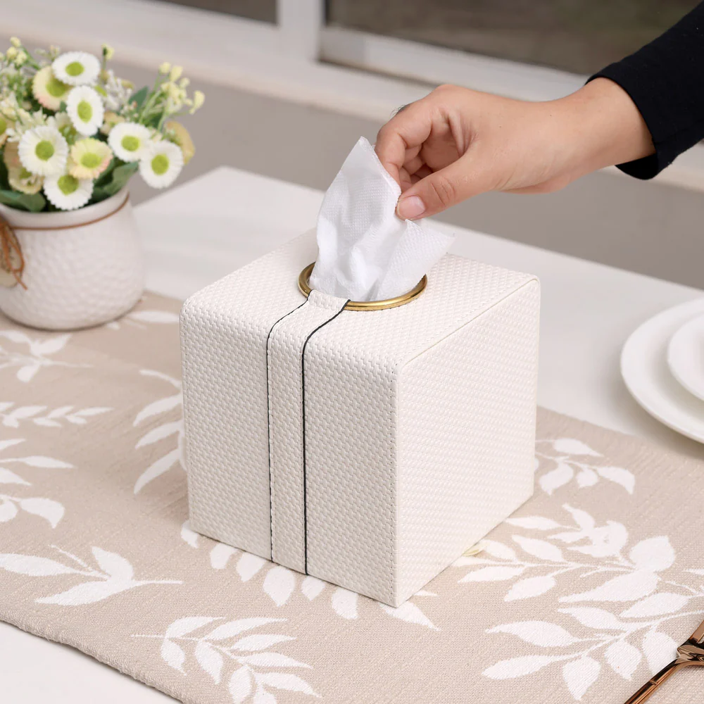 Weave Square Tissue Box Holder - White & Gold - Image 2