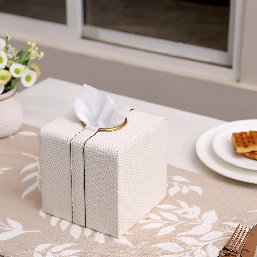 Weave Square Tissue Box Holder - White & Gold - Image 4